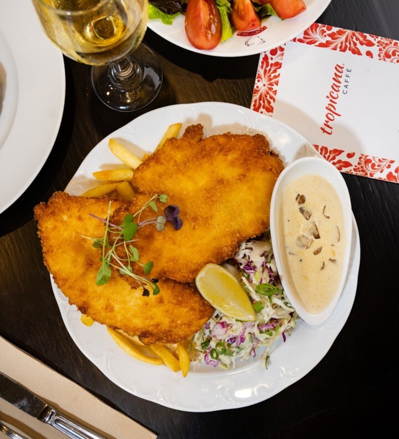 Chicken schnitzel with mash and sauce