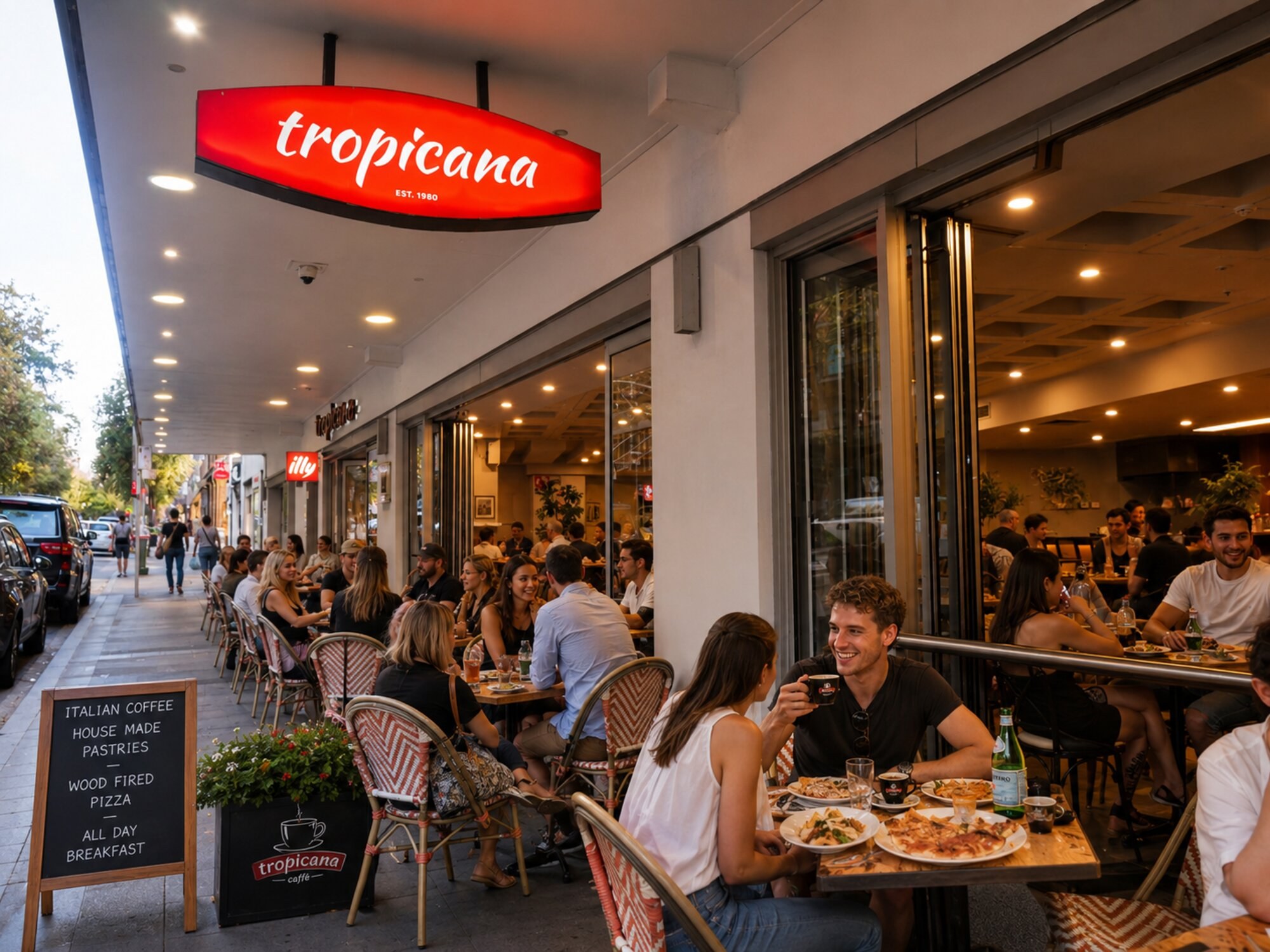 Tropicana Caffe on Victoria Street, Darlinghurst, exterior at evening with outdoor seating full