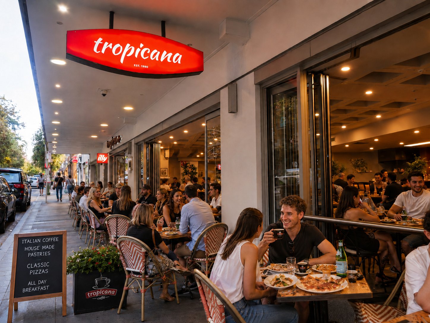 Tropicana Caffe storefront on Victoria Street, Darlinghurst at dusk — the red tropicana sign, illy sign, and a packed footpath of diners